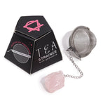Rose Quartz raw crystal gemstone tea strainer with stainless steel mesh, Ivy Moon Emporium product photograph