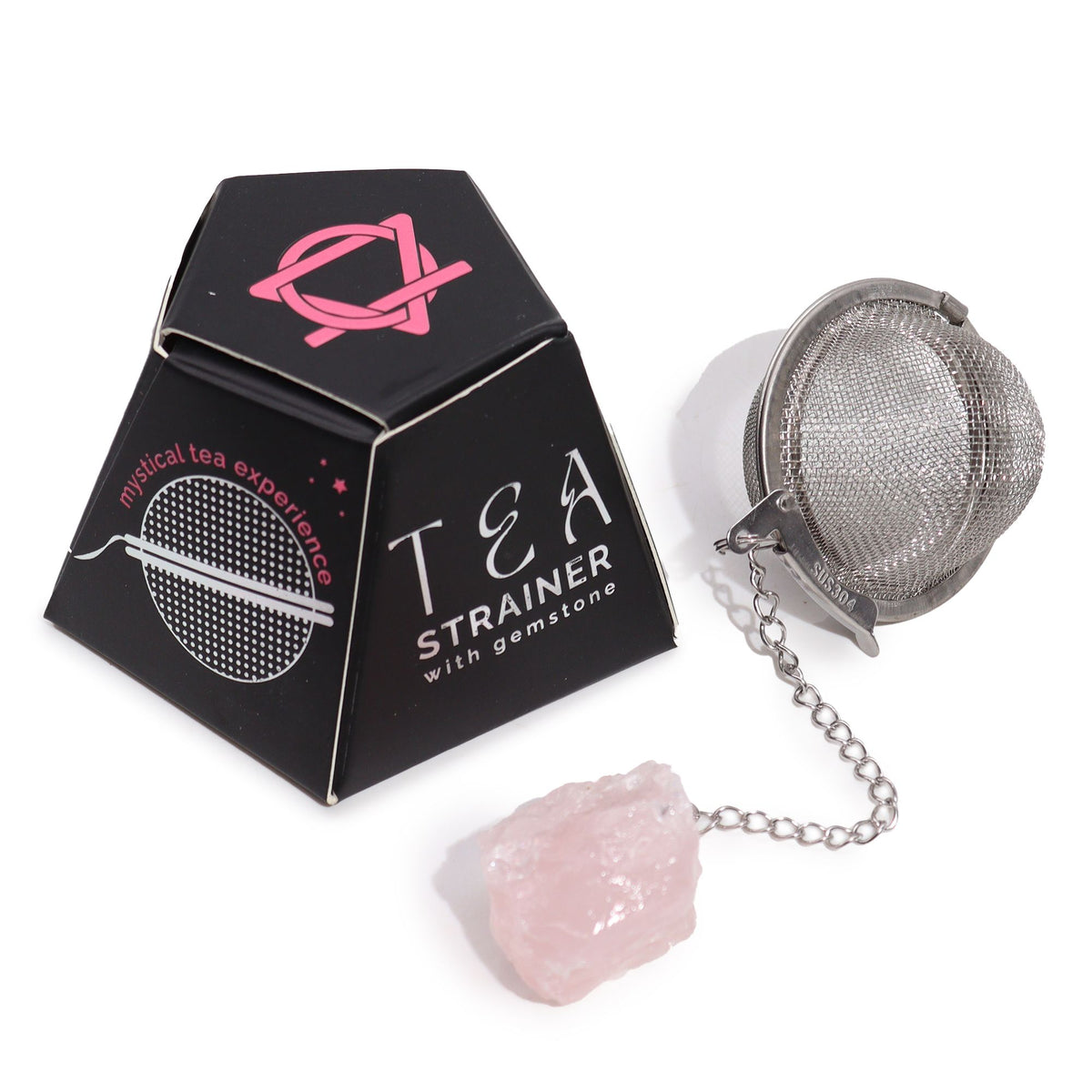 Rose Quartz raw crystal gemstone tea strainer with stainless steel mesh, Ivy Moon Emporium product photograph