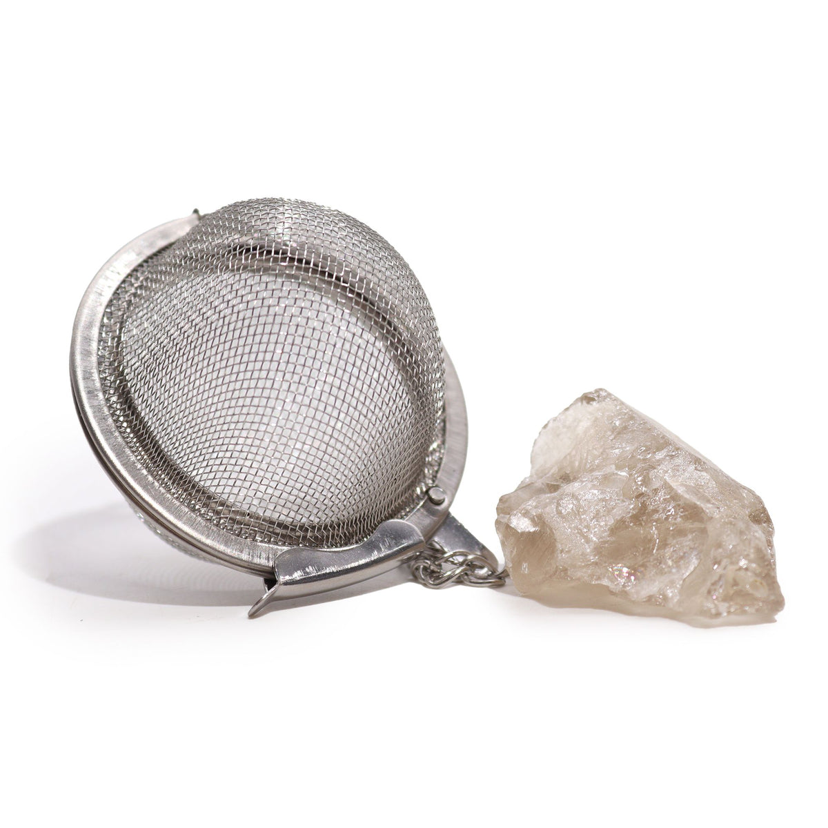 Smoky Quartz raw crystal gemstone tea strainer with stainless steel mesh, Ivy Moon Emporium product photograph