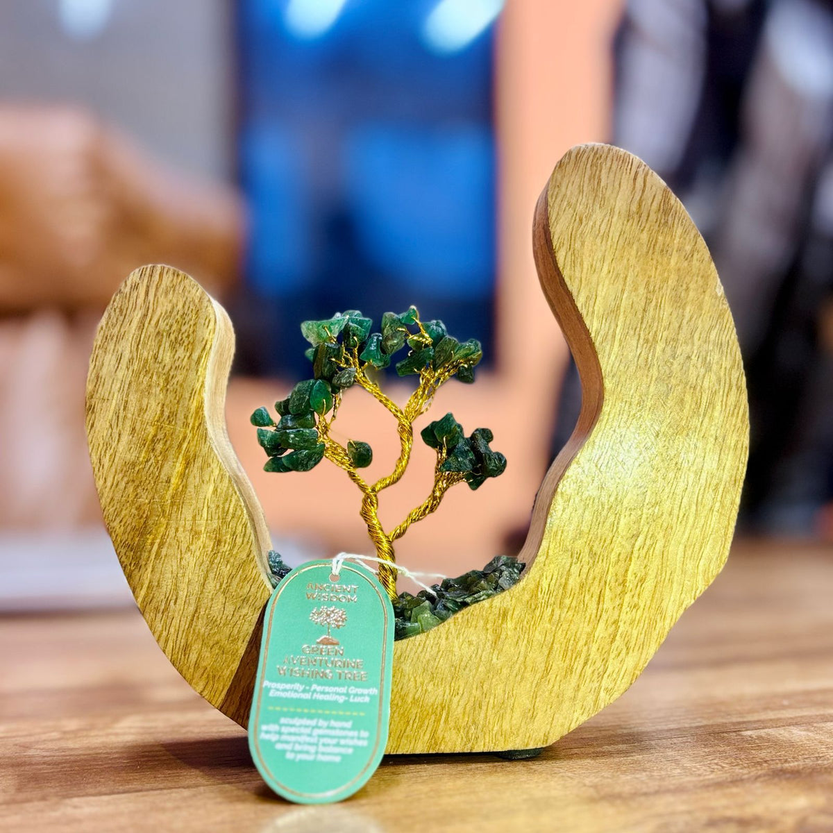 Green Aventurine Crystal Tree in Mango Wood Ring