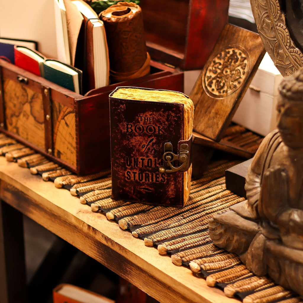 The Book of Untold Stories Leather Journal, leather notebook product photograph