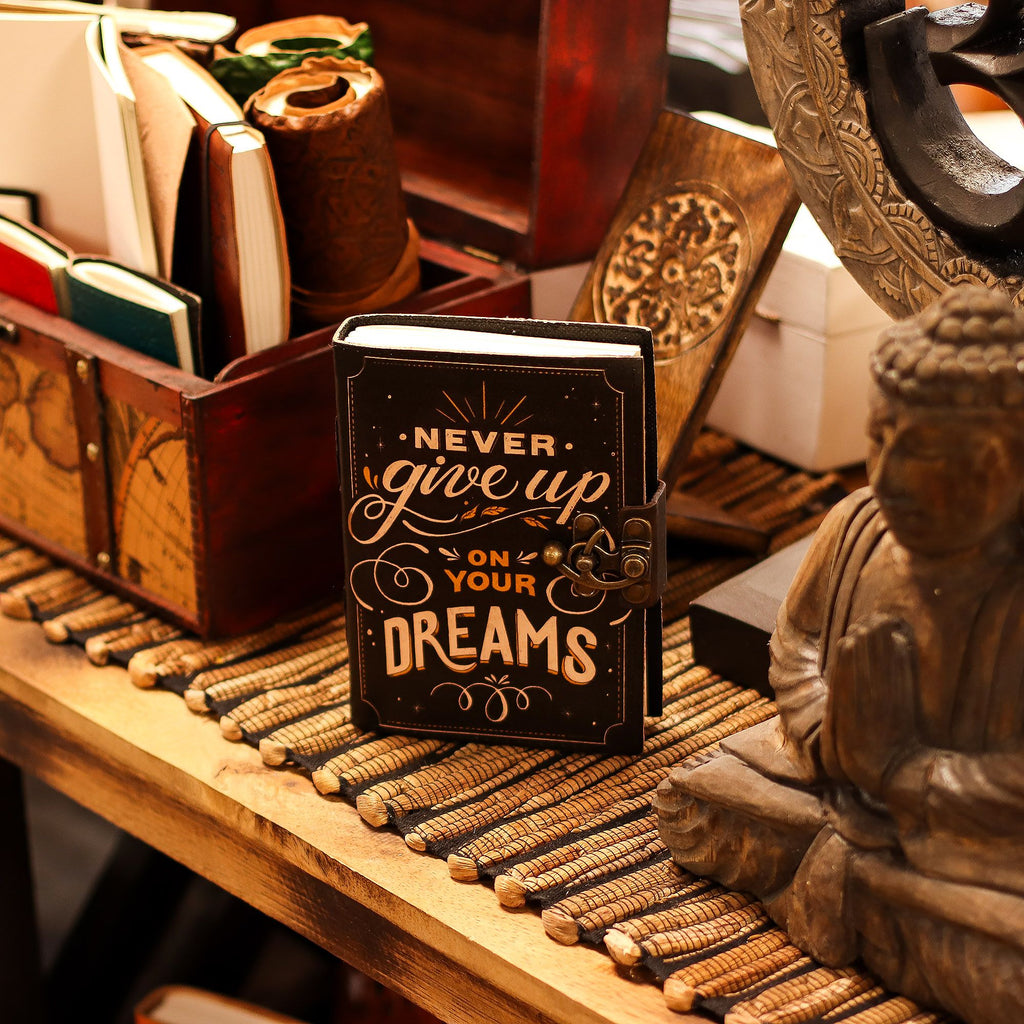 Never Give Up on Your Dreams Leather Journal, leather notebook product photograph