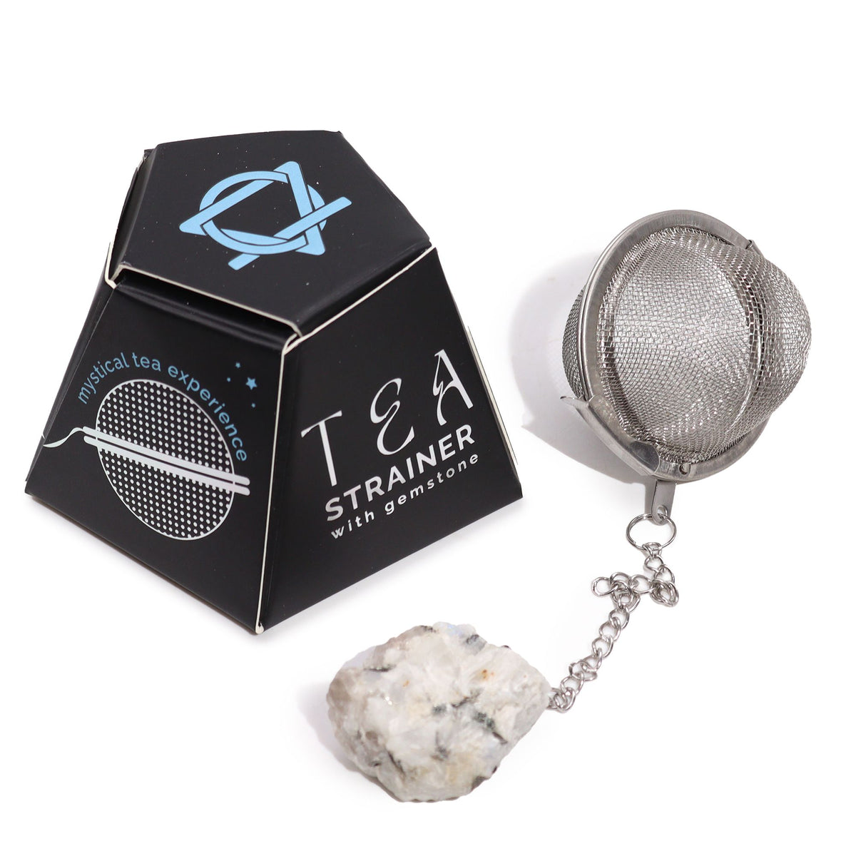 Rainbow Moonstone raw crystal gemstone tea strainer with stainless steel mesh, Ivy Moon Emporium product photograph