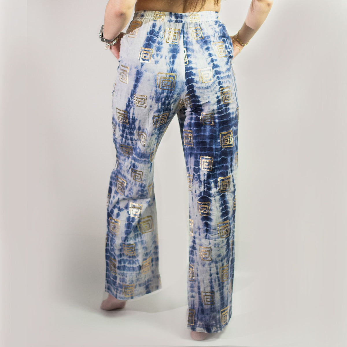 Gold & Blue Hand-Painted Greek Motif Lounge Pants – L/XL