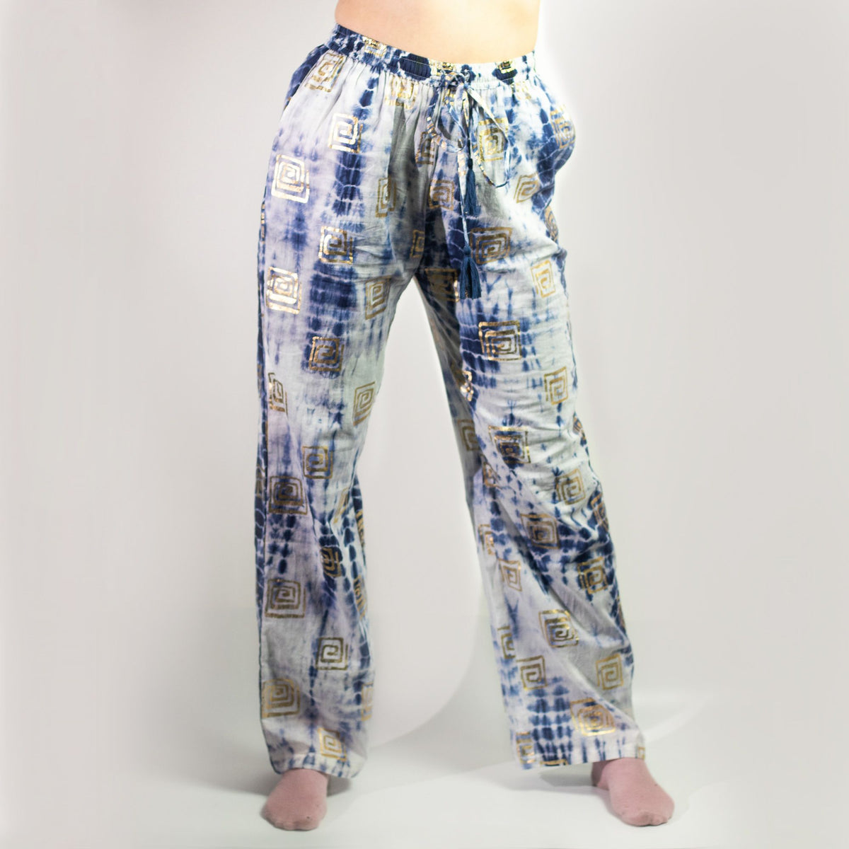 Gold & Blue Hand-Painted Greek Motif Lounge Pants – L/XL
