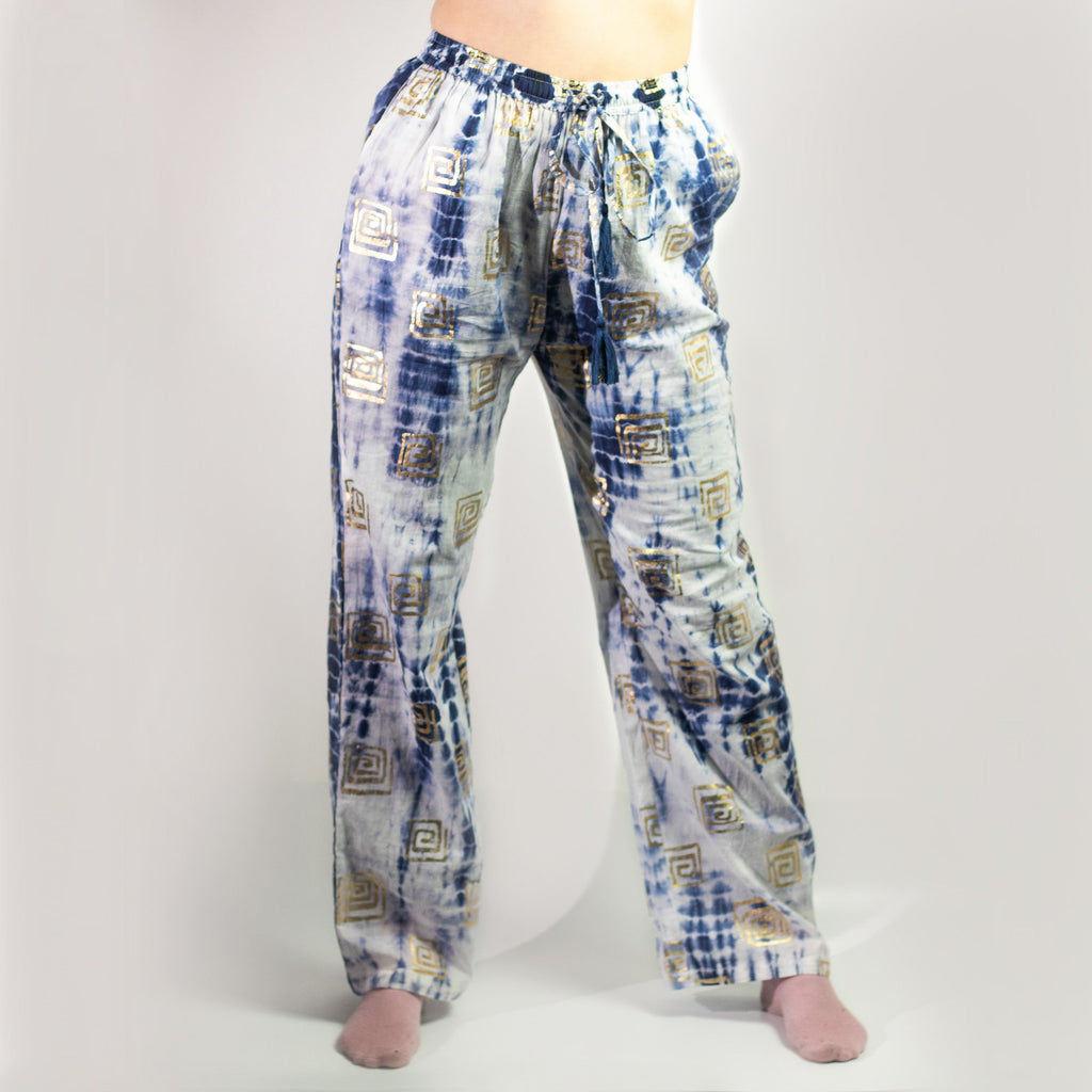 Gold & Blue Hand-Painted Greek Motif Lounge Pants – M/L