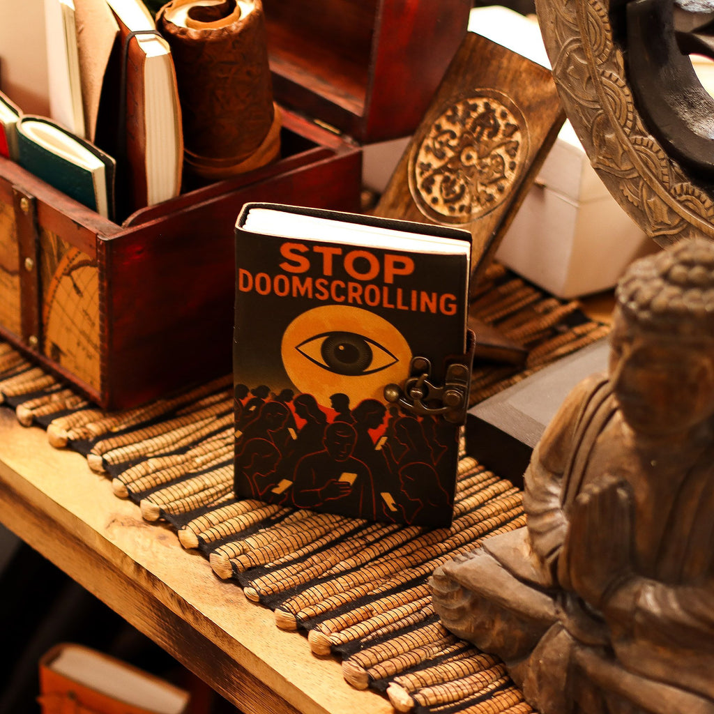 Stop Doomscrolling Leather Journal, leather notebook product photograph