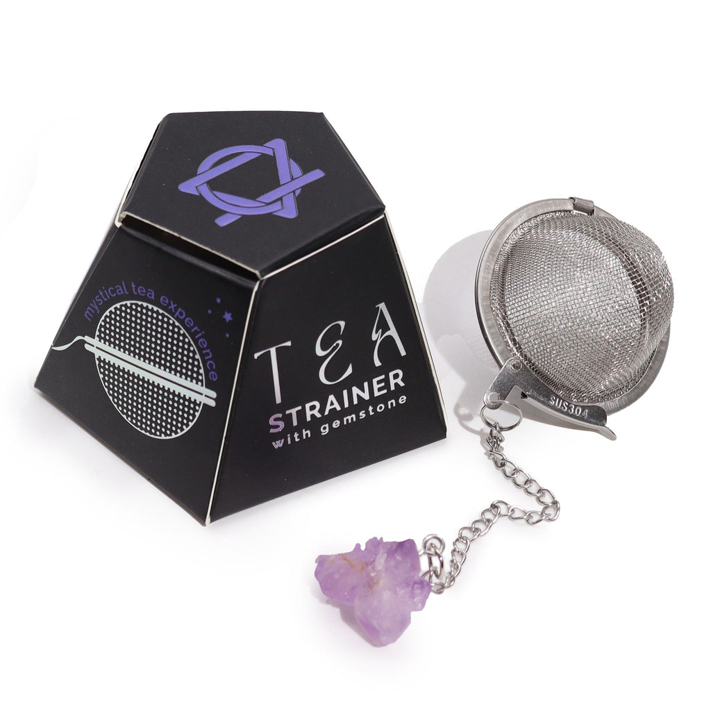 Amethyst Cluster raw crystal gemstone tea strainer with stainless steel mesh, Ivy Moon Emporium product photograph