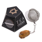 Gold Tiger's Eye raw crystal gemstone tea strainer with stainless steel mesh, Ivy Moon Emporium product photograph