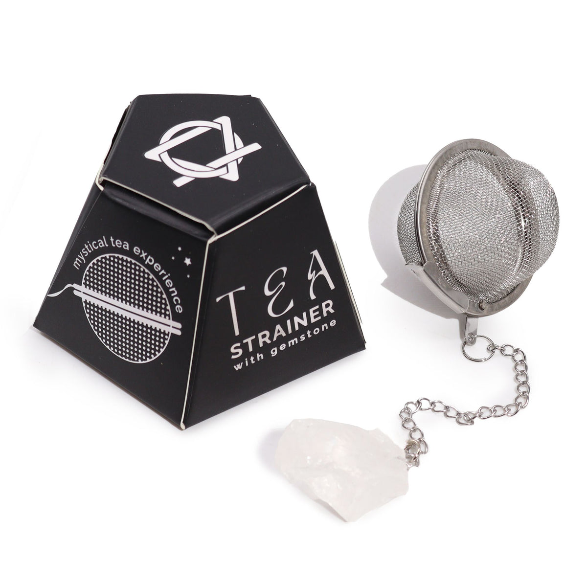 Rock Quartz raw crystal gemstone tea strainer with stainless steel mesh, Ivy Moon Emporium product photograph