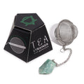 Green Aventurine raw crystal gemstone tea strainer with stainless steel mesh, Ivy Moon Emporium product photograph