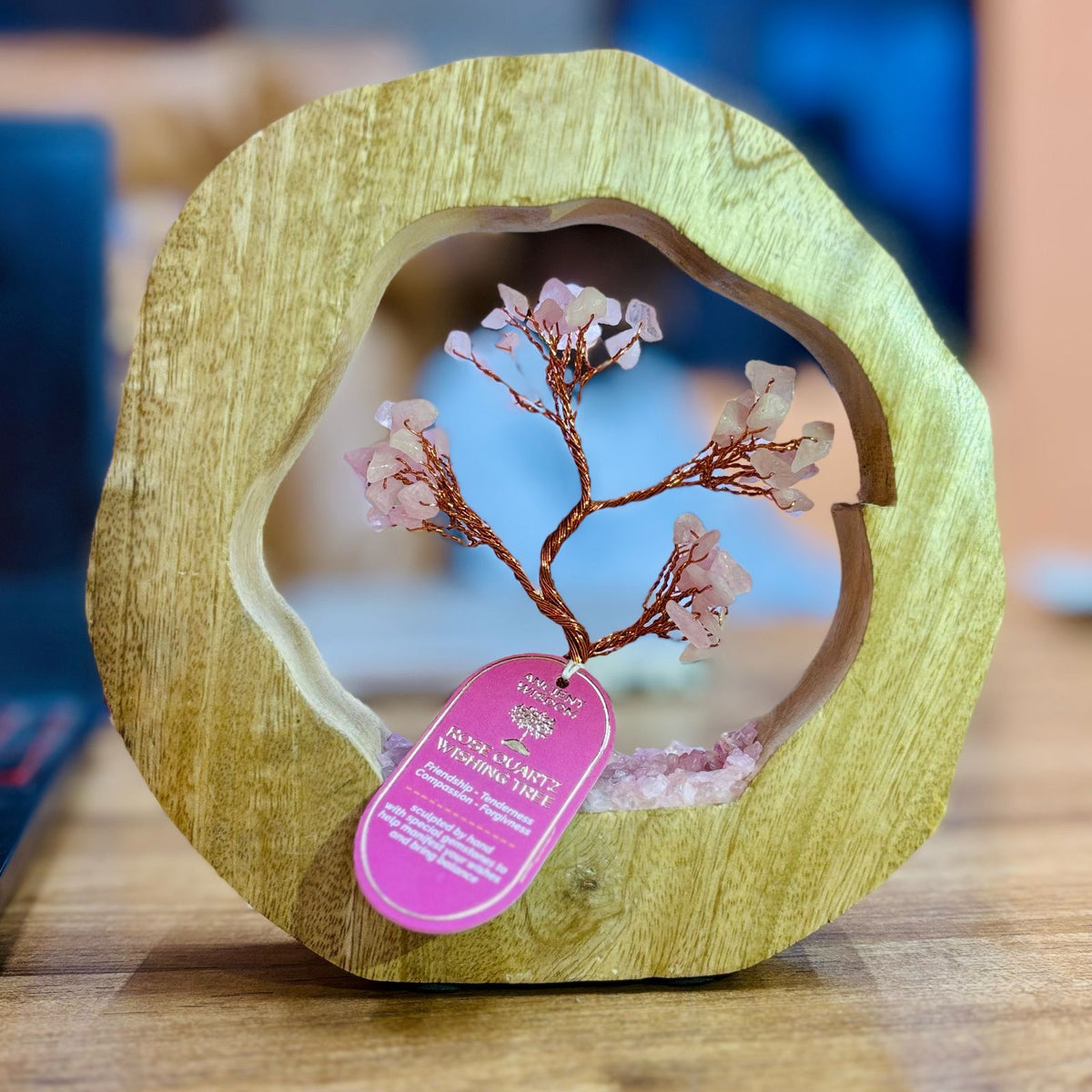 Rose Quartz Crystal Tree in Mango Wood Ring