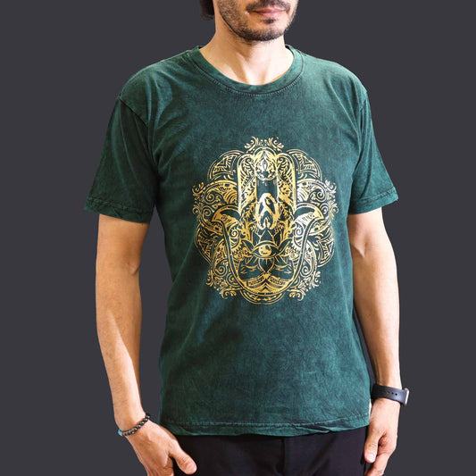 Medium Stone Washed T-Shirt - Hamsa - Green
