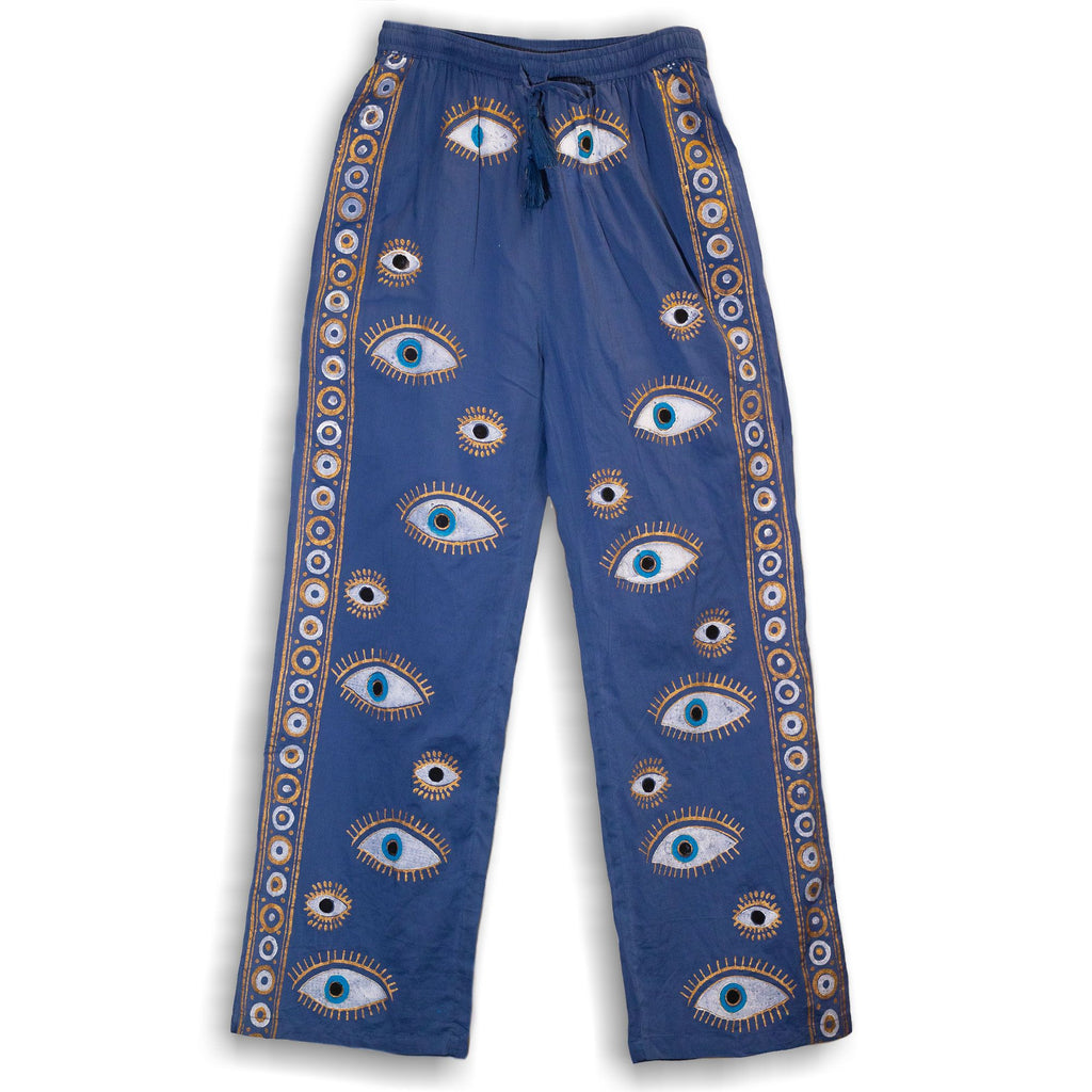 Rich Blue & Gold Hand-Painted Evil Eye Lounge Pants – M/L