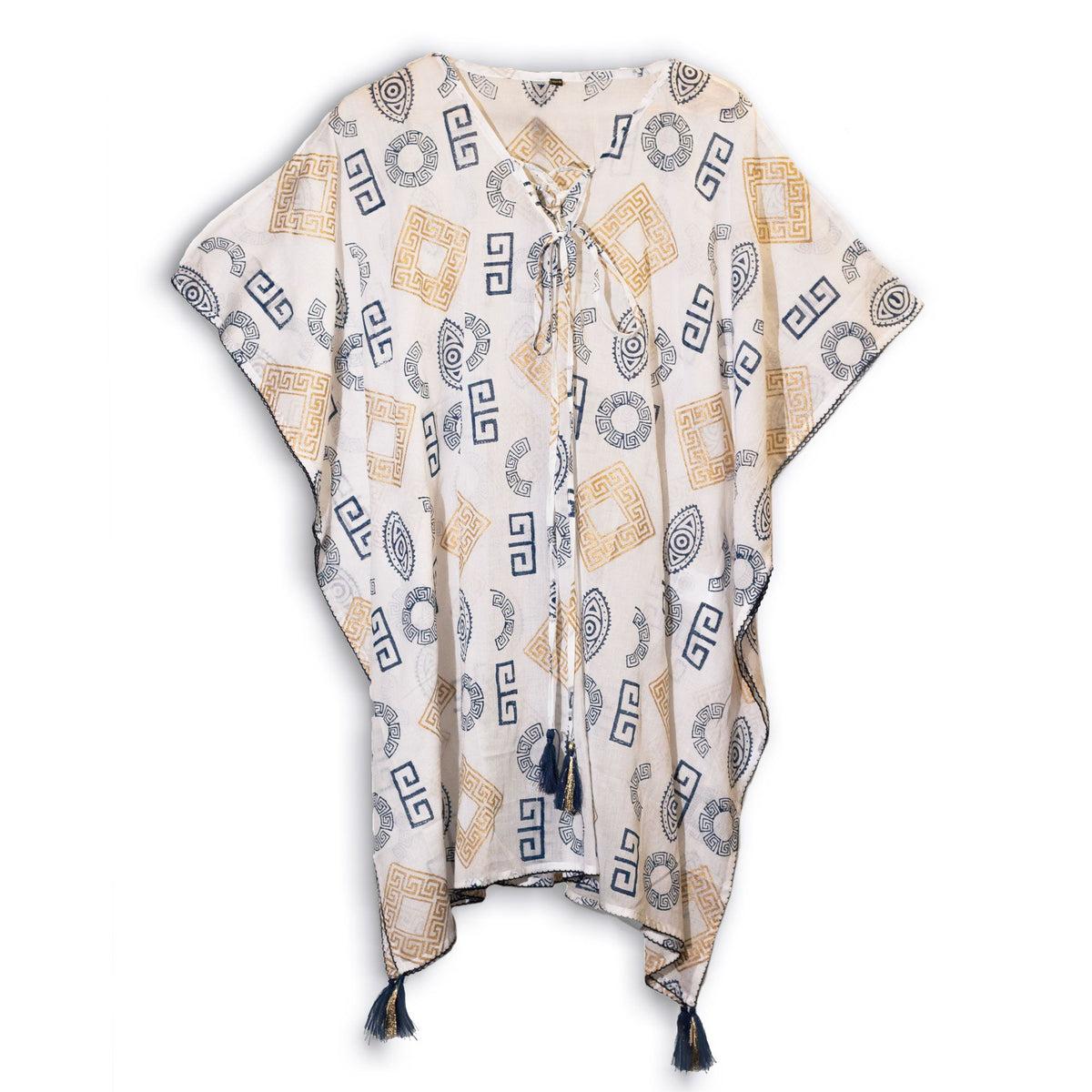 Gold & Blue Hand-Painted Greek Motif Kaftan