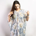 Gold & Blue Hand-Painted Greek Motif Kaftan