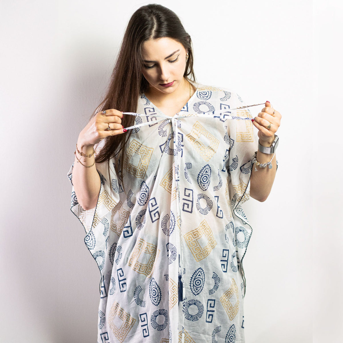 Gold & Blue Hand-Painted Greek Motif Kaftan