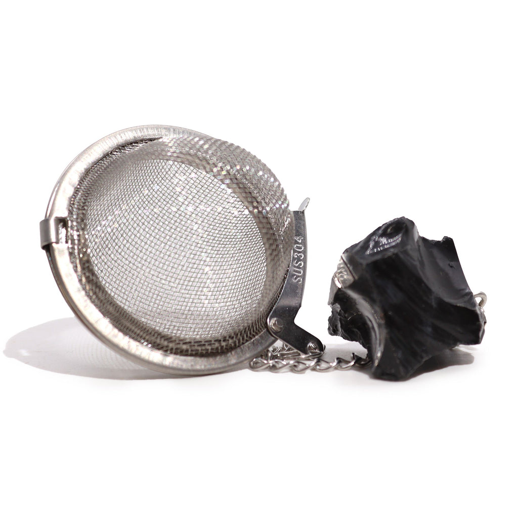 Black Obsidian raw crystal gemstone tea strainer with stainless steel mesh, Ivy Moon Emporium product photograph