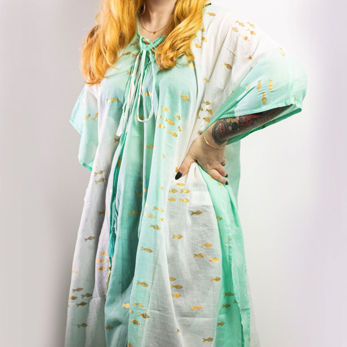 White, Turquoise & Gold Fish Kaftan